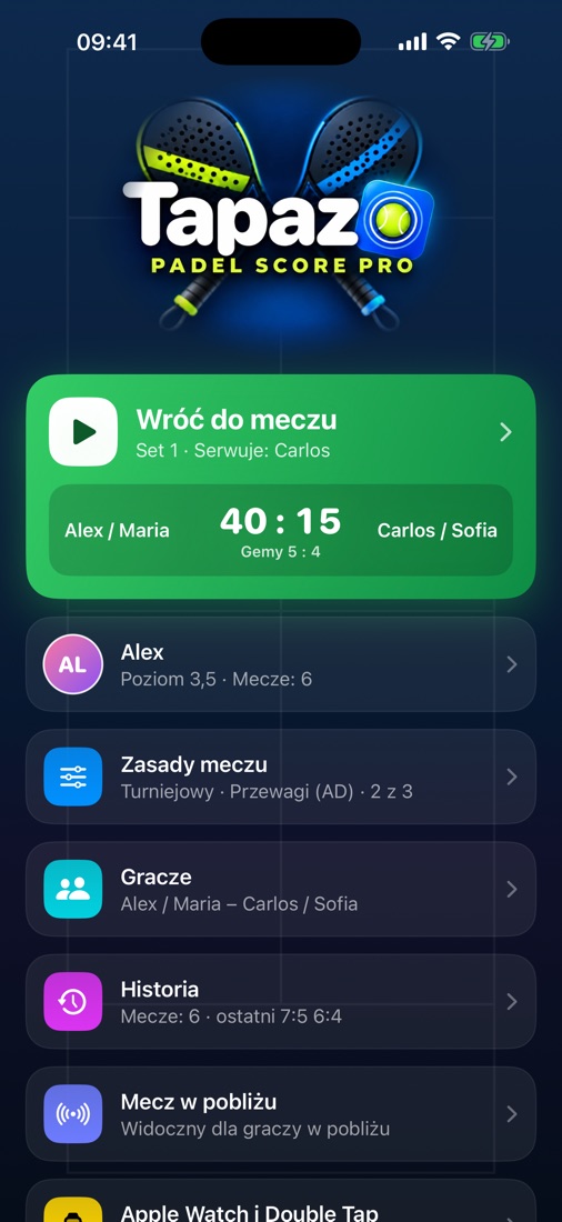 Menu startowe Tapazo z trwającym meczem