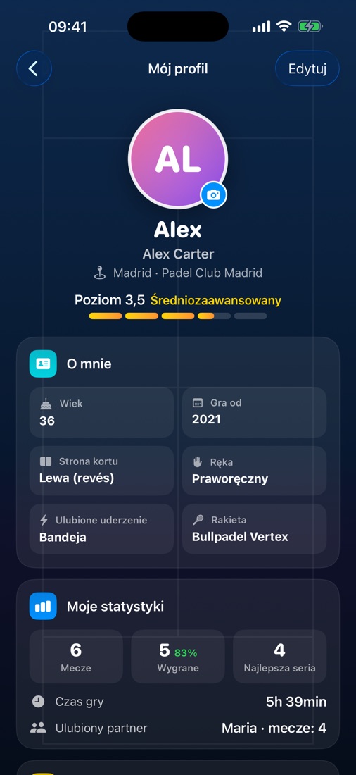 Profil gracza z poziomem, informacjami o grze i statystykami