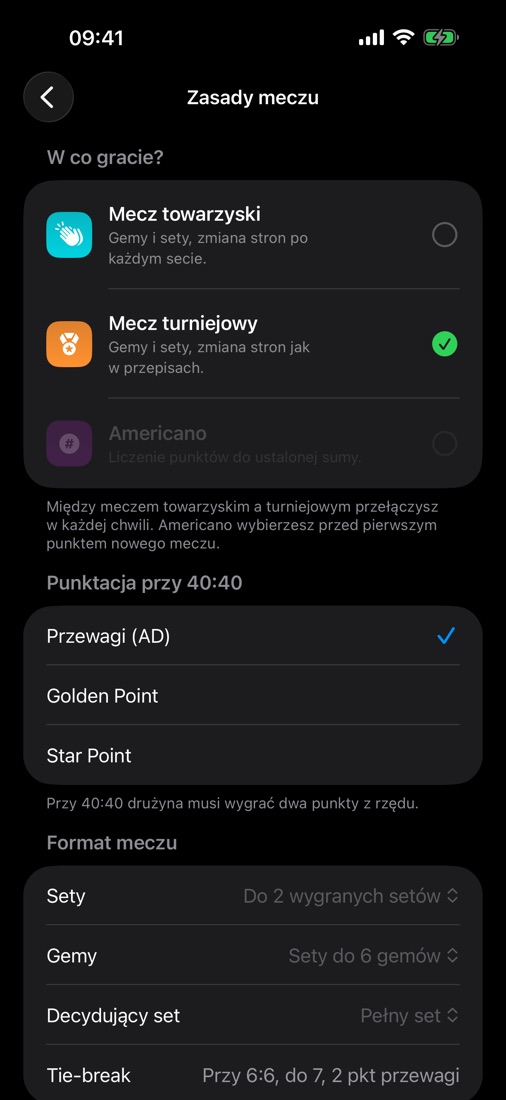 Zasady meczu: mecz towarzyski, turniejowy lub Americano